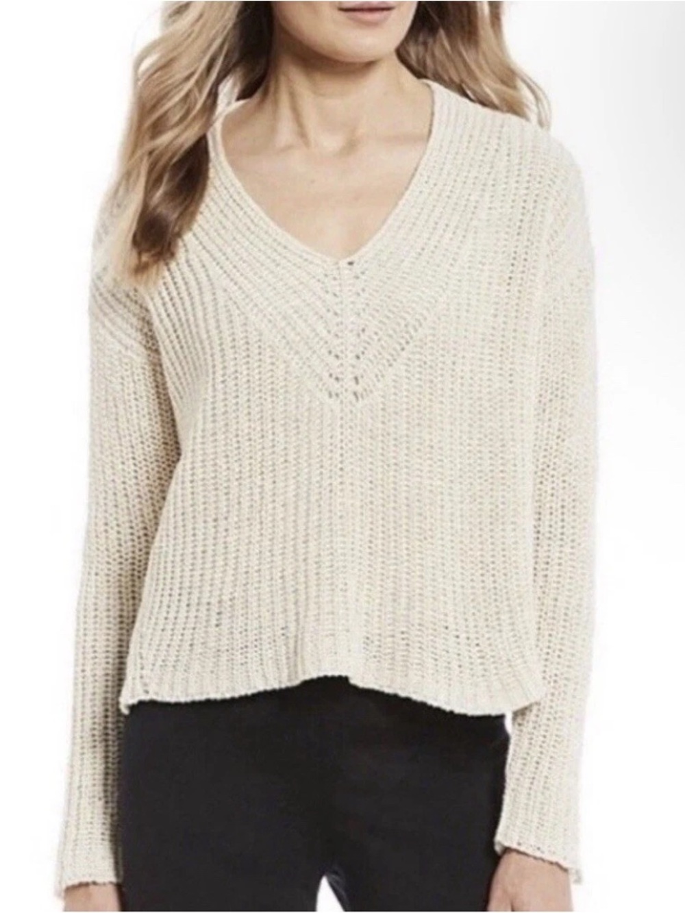 Eileen Fisher Ecru Vneck Knit Sweater Organic Cotton Linen Nylon blend Large USA